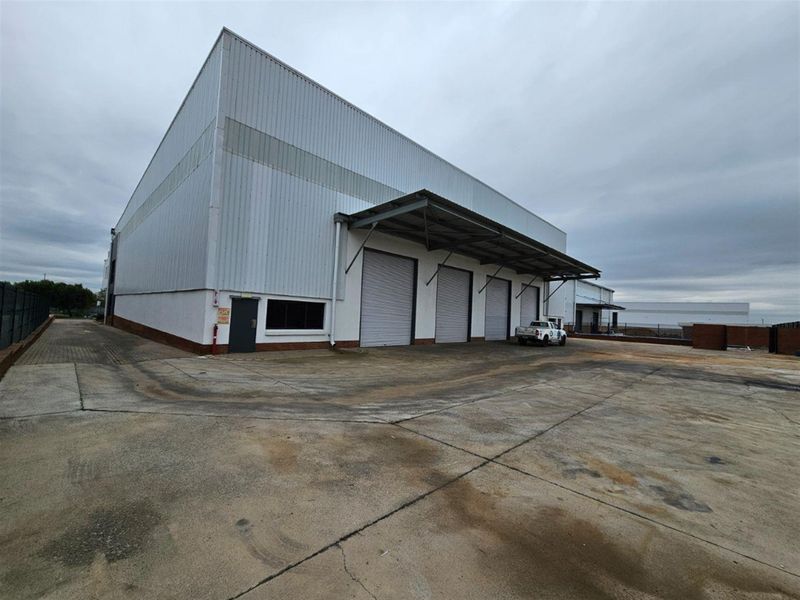 Industrial warehouse exterior featuring multiple roller shutter doors, a loading canopy, and a large concrete yard area.