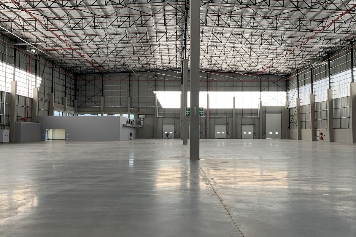 Expansive industrial warehouse space featuring high ceilings, polished concrete flooring, multiple roller shutter doors, and integrated fire sprinkler systems.