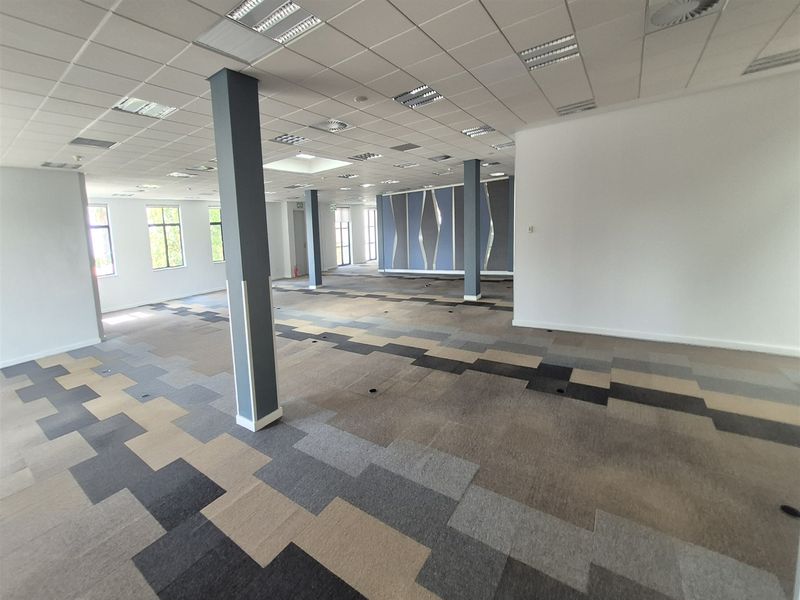 A spacious, open-plan office area featuring a suspended ceiling, recessed lighting, and patterned carpet tiles, offering a versatile workspace with ample natural light.
