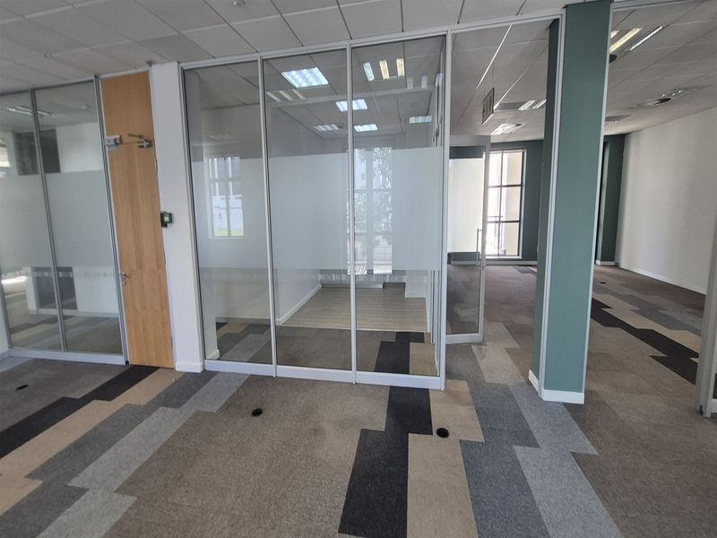 Modern open-plan office space featuring glass partition walls, suspended ceilings, and contemporary patterned carpet tiles, offering a bright and professional work environment.