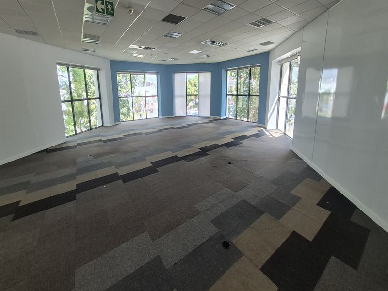A spacious, empty open-plan office area featuring large windows, carpet tile flooring, and a suspended ceiling with recessed lighting.