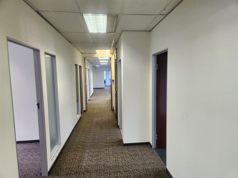 A long office hallway featuring suspended ceilings, recessed lighting, and carpeted flooring, providing access to multiple individual office spaces.
