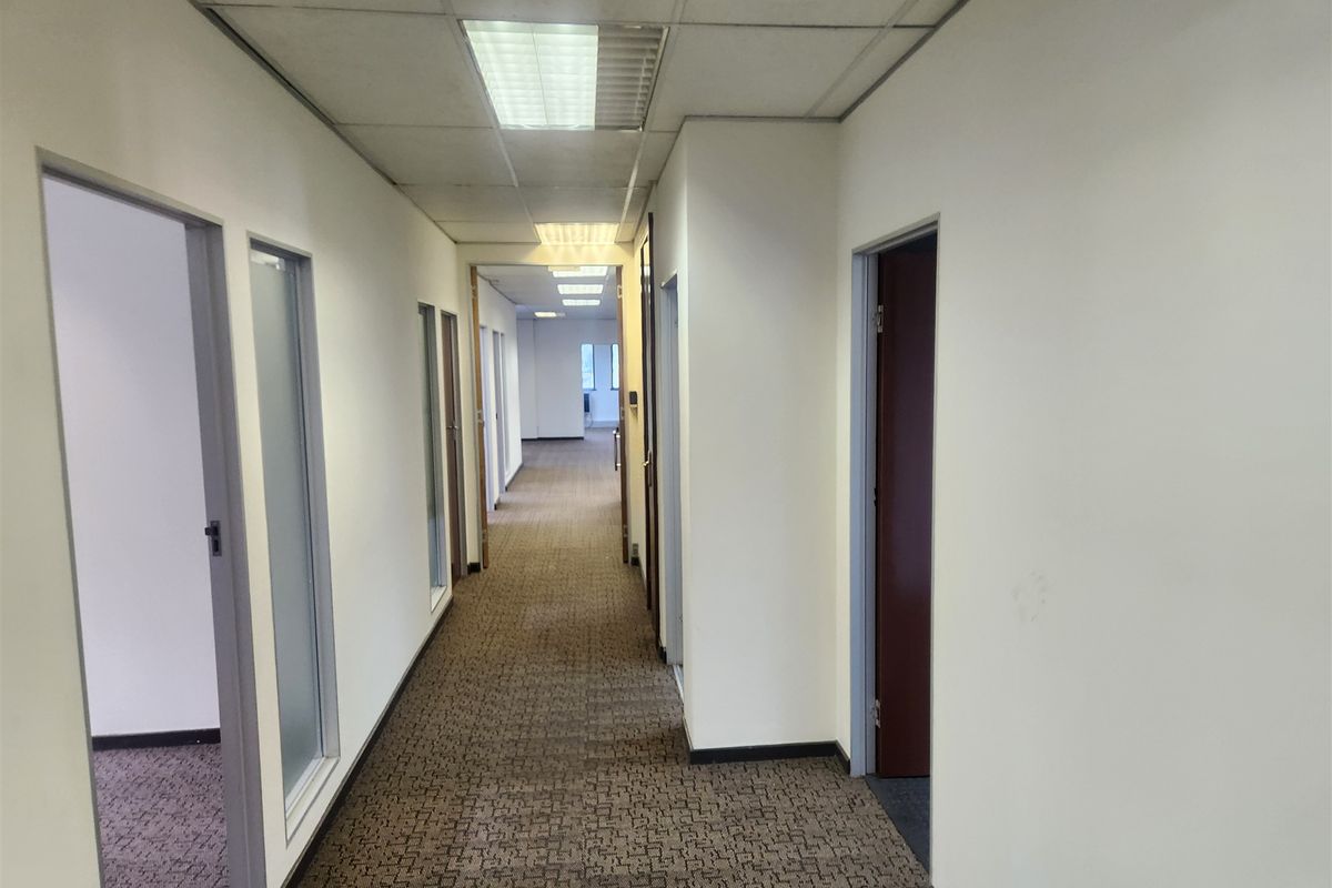 A long office hallway featuring suspended ceilings, recessed lighting, and carpeted flooring, providing access to multiple individual office spaces.