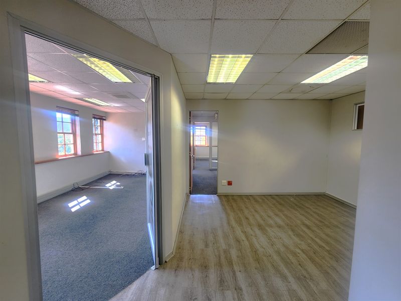 An empty office suite featuring a mix of laminate and carpet flooring, suspended ceilings with recessed lighting, and multiple windows providing natural light.