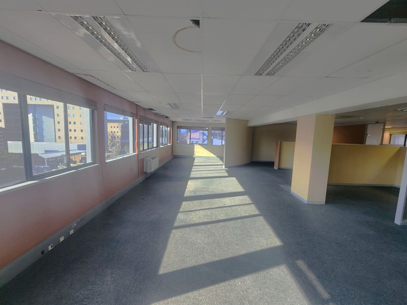An expansive, vacant open-plan office space featuring large windows, suspended ceilings with recessed lighting, and carpeted flooring, ready for custom fit-out.