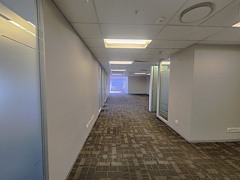 A long, vacant office corridor featuring carpeted flooring, suspended ceilings with recessed lighting, and glass-partitioned office spaces along the sides.