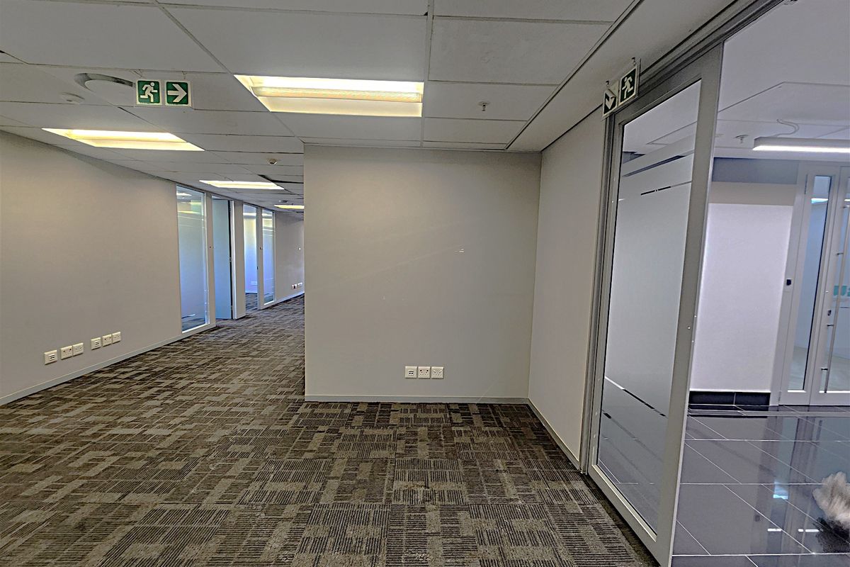 A modern, vacant office space featuring carpeted flooring, suspended ceilings with recessed lighting, and glass partition walls for a professional, open-plan layout.