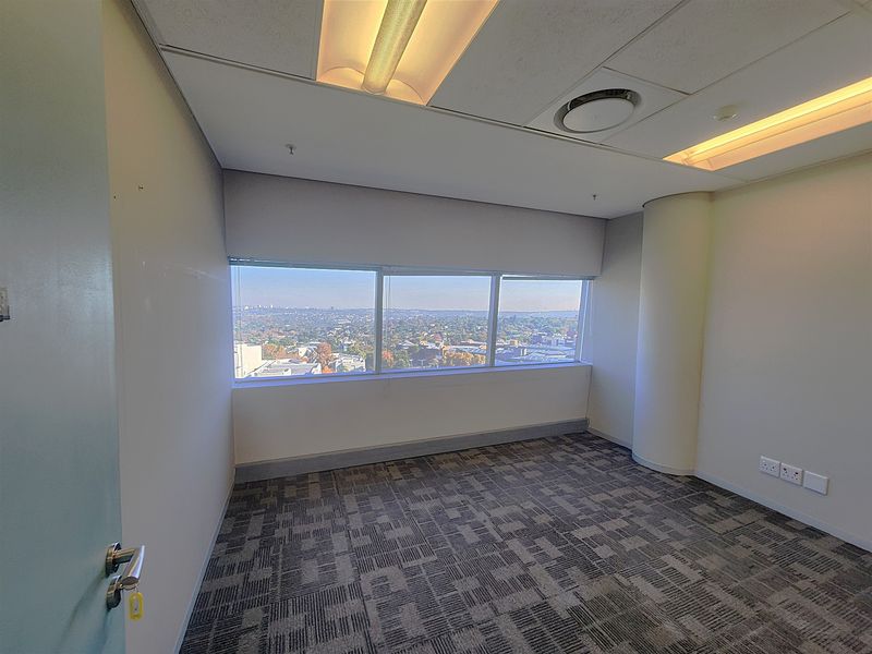 A bright, empty office space featuring carpet tiles, a suspended ceiling with recessed lighting, and large windows offering expansive city views.