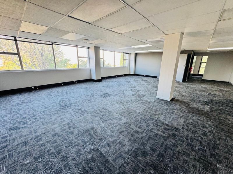 A spacious, open-plan office area featuring large windows, carpeted flooring, and a suspended ceiling, providing a bright and professional workspace.