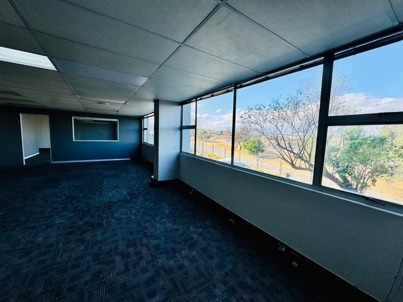 A spacious, empty office area featuring large windows with natural light, carpeted flooring, and a suspended ceiling with recessed lighting.