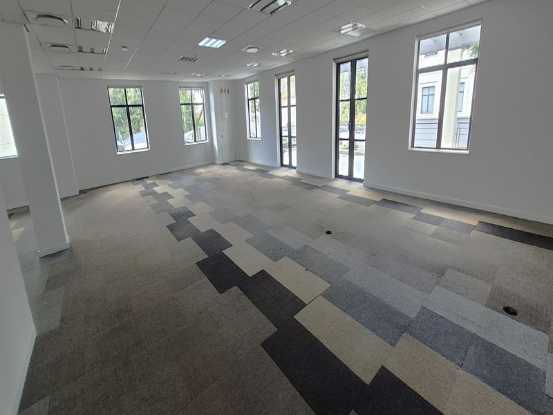A spacious, empty office area featuring a suspended ceiling, recessed lighting, and modern patterned carpet tiles with ample natural light from large windows.