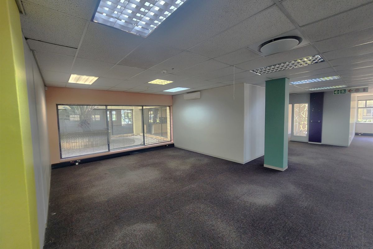 An empty, open-plan office space featuring a suspended ceiling, recessed lighting, air conditioning, and large windows overlooking an exterior courtyard.