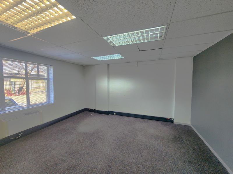 An empty office space featuring a suspended ceiling with recessed lighting, carpeted flooring, and perimeter trunking for electrical and data connectivity.