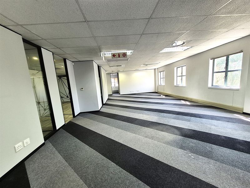 An open-plan office space featuring striped carpet flooring, suspended ceilings with recessed lighting, and glass partitioning, offering a versatile layout for professional use.