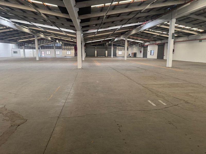 Expansive industrial warehouse space featuring high ceilings, exposed steel trusses, concrete flooring, and multiple roller shutter doors for efficient logistics and storage operations.