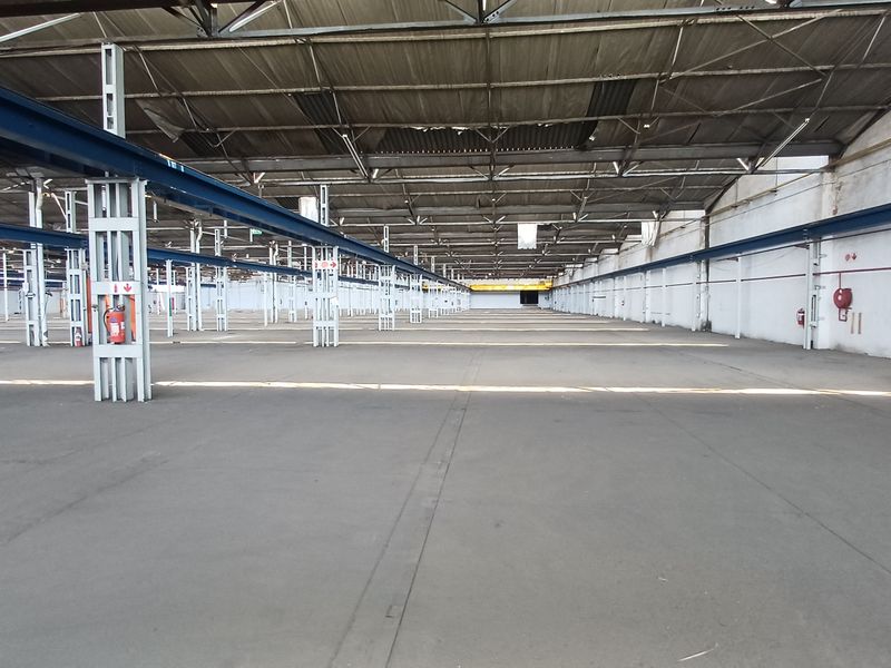 Expansive industrial warehouse space featuring high ceilings, steel structural columns, and durable concrete flooring, suitable for large-scale storage or manufacturing operations.