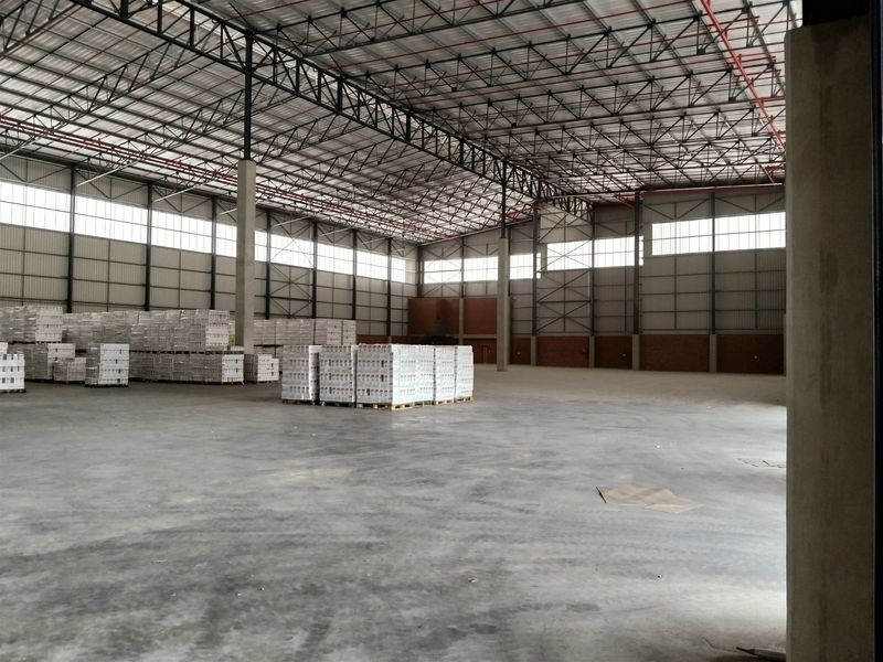 Spacious industrial warehouse featuring high-clearance steel truss roofing, concrete flooring, and integrated fire sprinkler systems, suitable for large-scale storage or manufacturing operations.