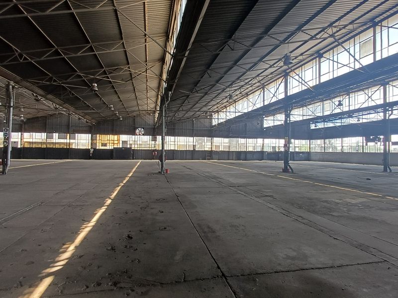 Expansive industrial warehouse space featuring high vaulted ceilings, steel structural trusses, and extensive natural light through large perimeter windows.