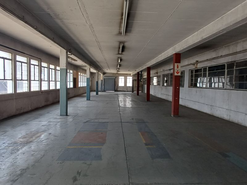 A large, open-plan industrial warehouse space featuring high ceilings, concrete flooring, and extensive natural light through multiple side windows.
