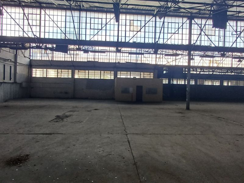 Expansive industrial warehouse space featuring high ceilings, large steel-framed windows, and a durable concrete floor, suitable for various commercial or manufacturing operations.