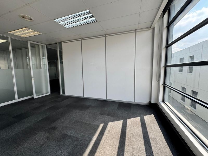A bright, vacant office space featuring glass partitions, carpet tiles, and large windows providing natural light.
