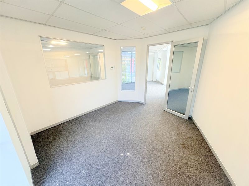 A clean, empty office space featuring neutral carpet flooring, a suspended ceiling with recessed lighting, and glass partitions for a bright, professional atmosphere.