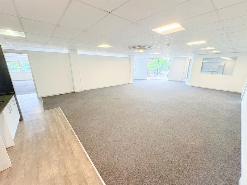 Spacious open-plan office area featuring neutral carpeting, suspended ceilings with recessed lighting, and large windows providing ample natural light.