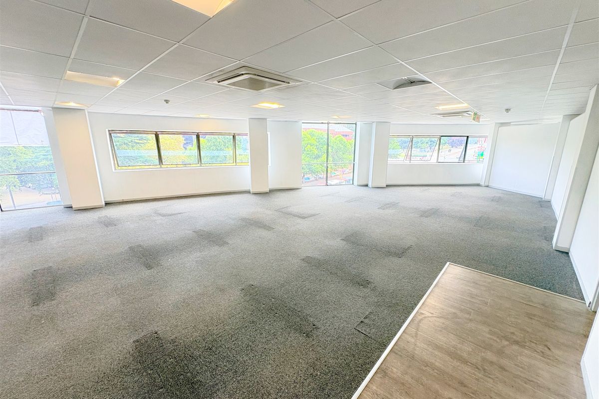 A spacious, open-plan office area featuring large windows, suspended ceilings with recessed lighting, and a combination of carpet and laminate flooring.