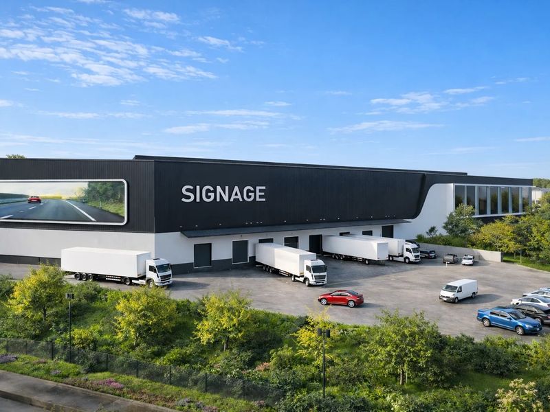Aerial view of a modern industrial warehouse facility featuring multiple loading docks, a large digital signage display, and a paved logistics yard.