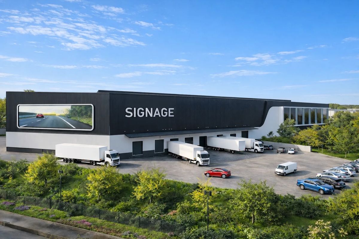 Aerial view of a modern industrial warehouse facility featuring multiple loading docks, a large digital signage display, and a paved logistics yard.