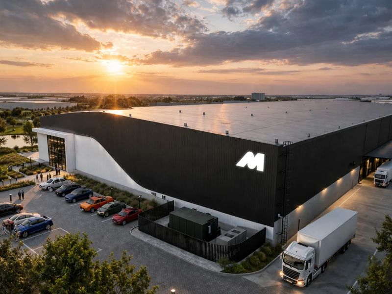 Aerial view of a modern industrial warehouse facility featuring extensive parking, loading bays, and professional exterior finishes at sunset.