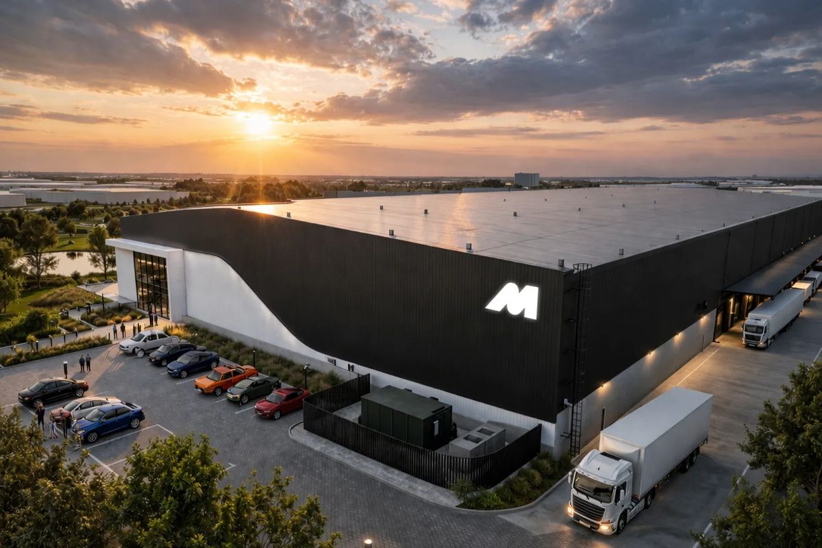 Aerial view of a modern industrial warehouse facility featuring extensive parking, loading bays, and professional exterior finishes at sunset.
