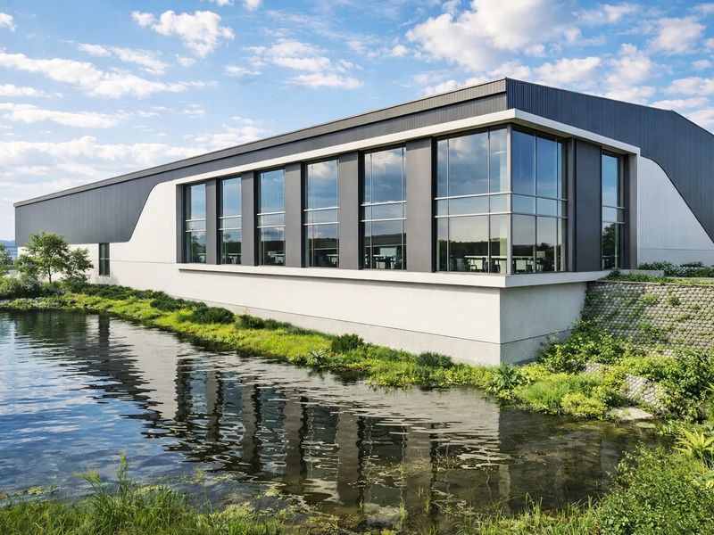Modern industrial building exterior featuring extensive glass curtain walling, metal cladding, and a landscaped pond setting.