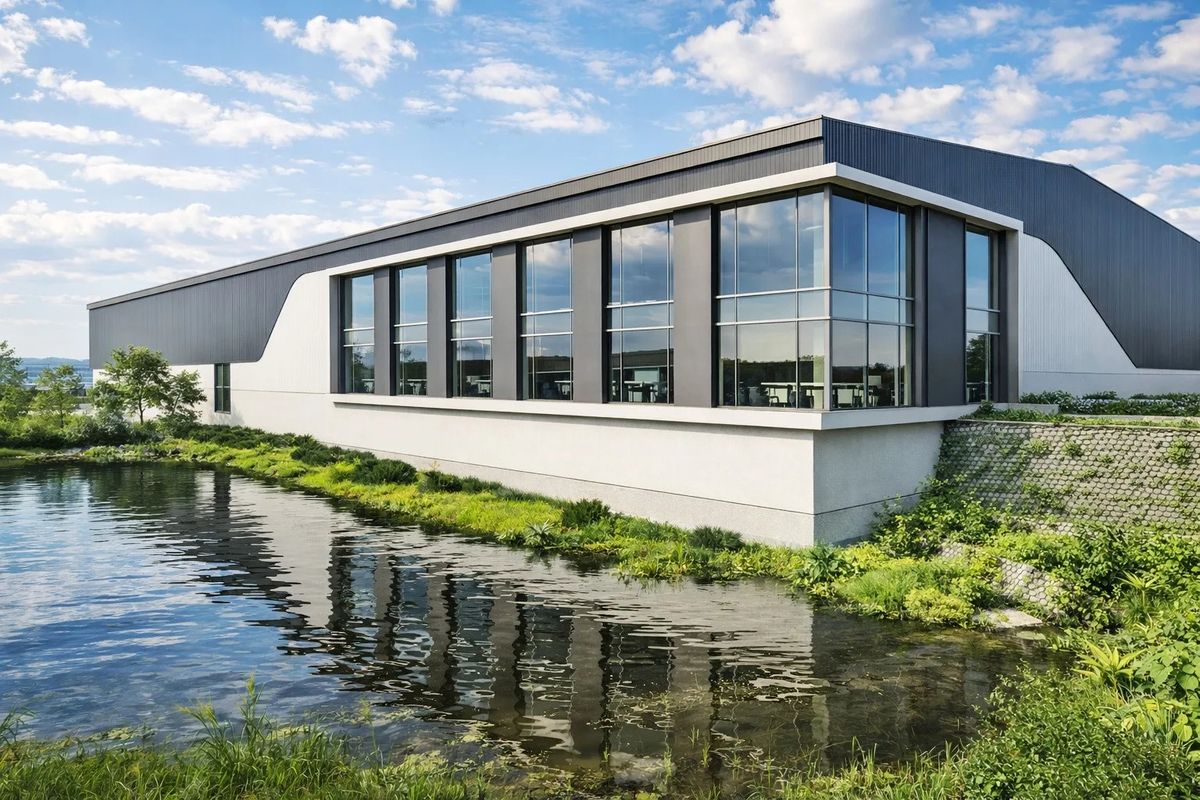 Modern industrial building exterior featuring extensive glass curtain walling, metal cladding, and a landscaped pond setting.