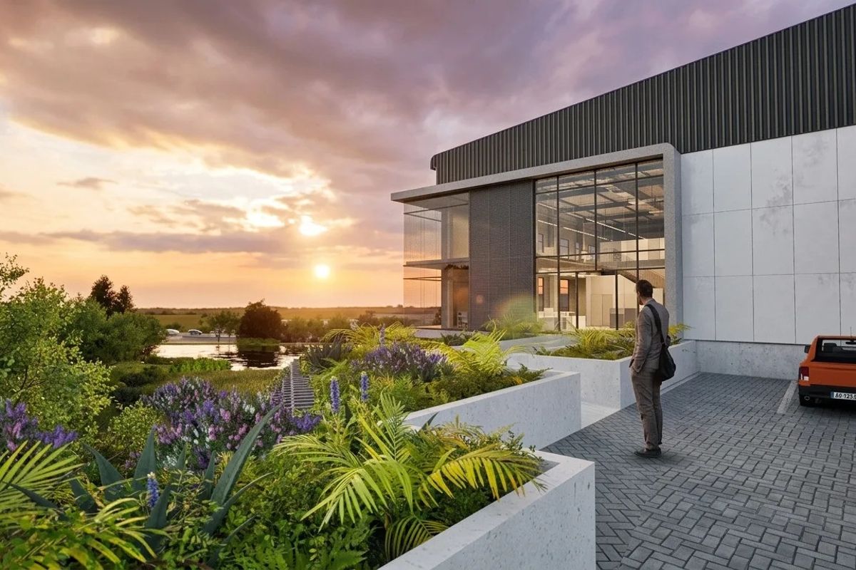 Modern industrial building exterior featuring glass facade, concrete planters, and paved driveway overlooking a landscaped garden at sunset.
