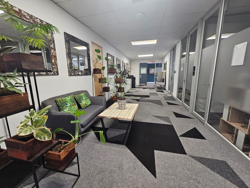 A modern office hallway featuring patterned carpet tiles, glass-partitioned office suites, and a suspended ceiling with recessed lighting.