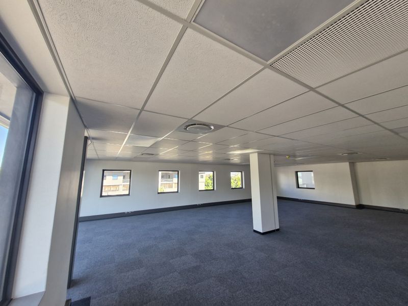 A spacious, open-plan commercial office area featuring a suspended ceiling, recessed lighting, carpet tiles, and multiple windows providing natural light.