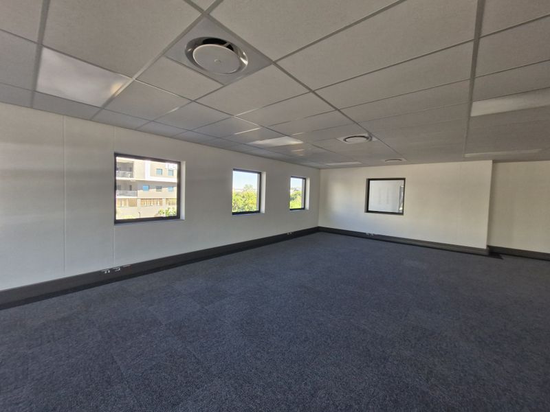 A spacious, empty commercial office area featuring a suspended ceiling, recessed lighting, air conditioning vents, and carpeted flooring with large windows.