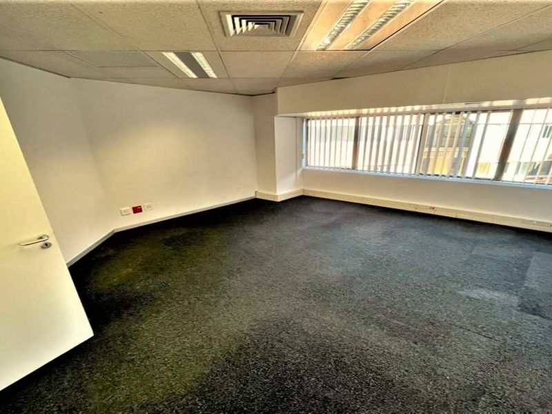 An empty office space featuring a suspended ceiling with recessed lighting, vertical blinds, and dark carpet flooring.