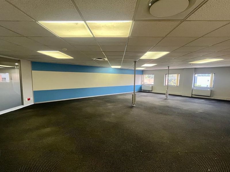 An open-plan office space featuring a suspended ceiling, recessed lighting, carpeted flooring, and structural support columns, offering a versatile workspace layout.