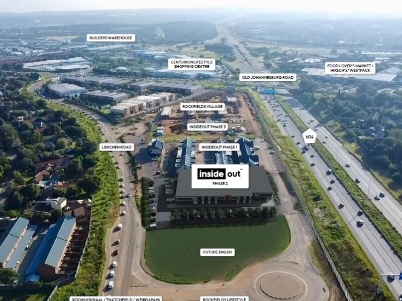 Aerial view of the development site showing the location of Inside Out Phase 2 in relation to surrounding infrastructure and major transport routes.