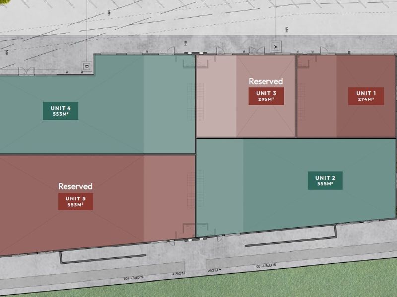 A detailed site layout plan showing the configuration and square meterage of five commercial retail units with associated parking.