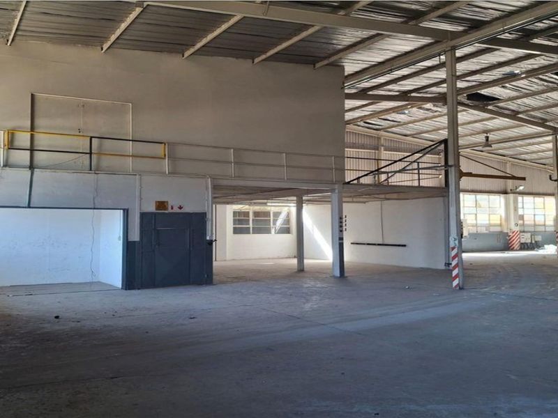 Spacious industrial warehouse unit featuring a mezzanine level, high-clearance steel roof structure, concrete flooring, and functional steel access doors.