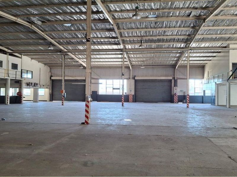 Spacious industrial warehouse featuring high ceilings, exposed steel structure, concrete flooring, multiple roller shutter doors, and an integrated mezzanine level.