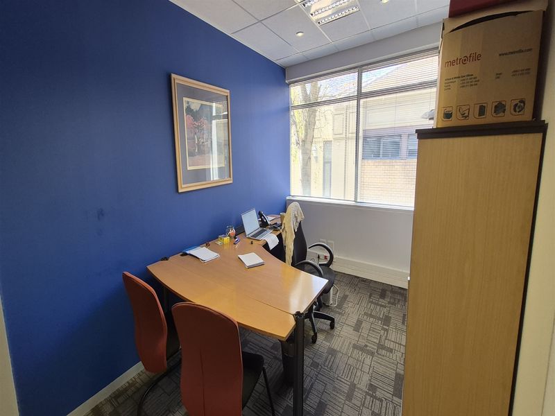 A functional office space featuring a large window for natural light, suspended ceiling with recessed lighting, and carpeted flooring.