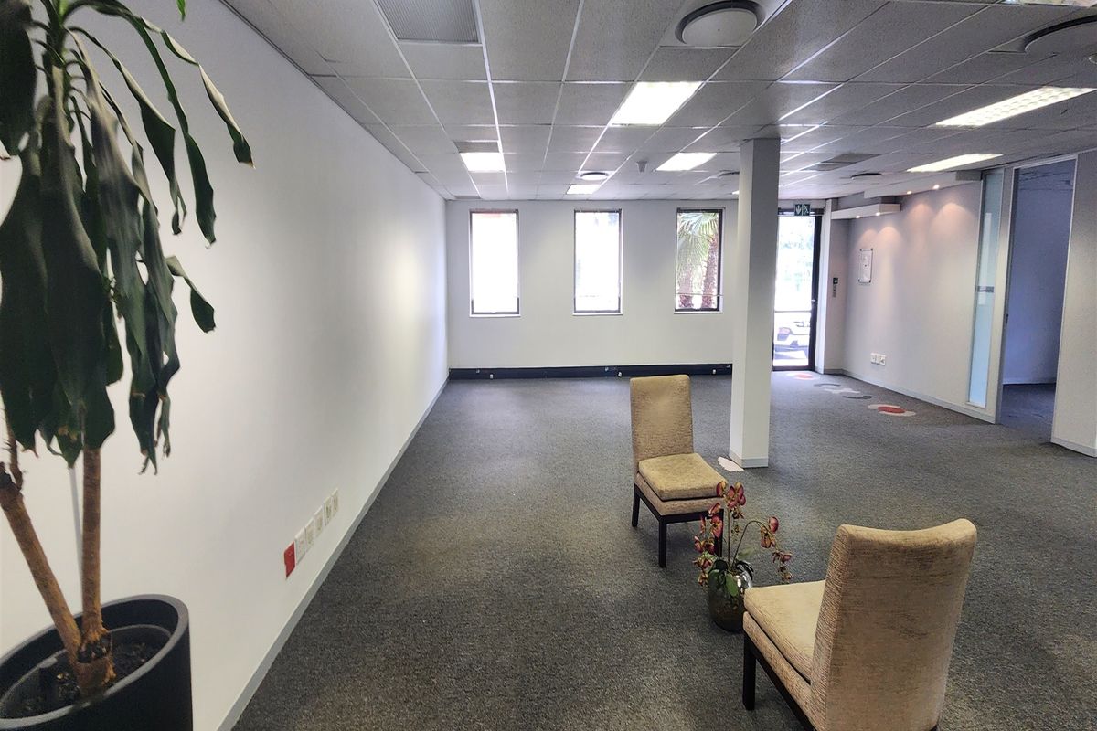 A spacious, open-plan office area featuring a suspended ceiling, recessed lighting, and neutral carpeting, offering a versatile workspace layout.