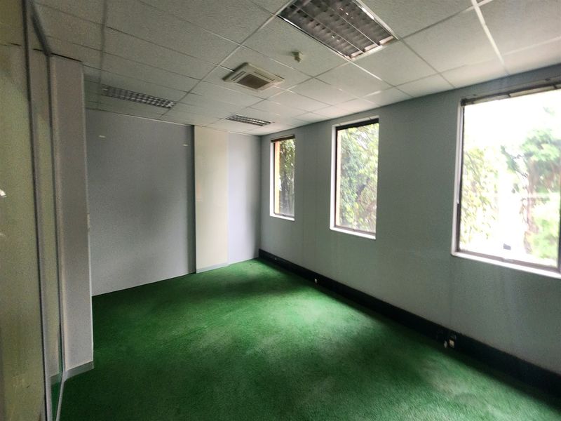 An empty office space featuring a suspended ceiling, recessed lighting, and large windows providing natural light.