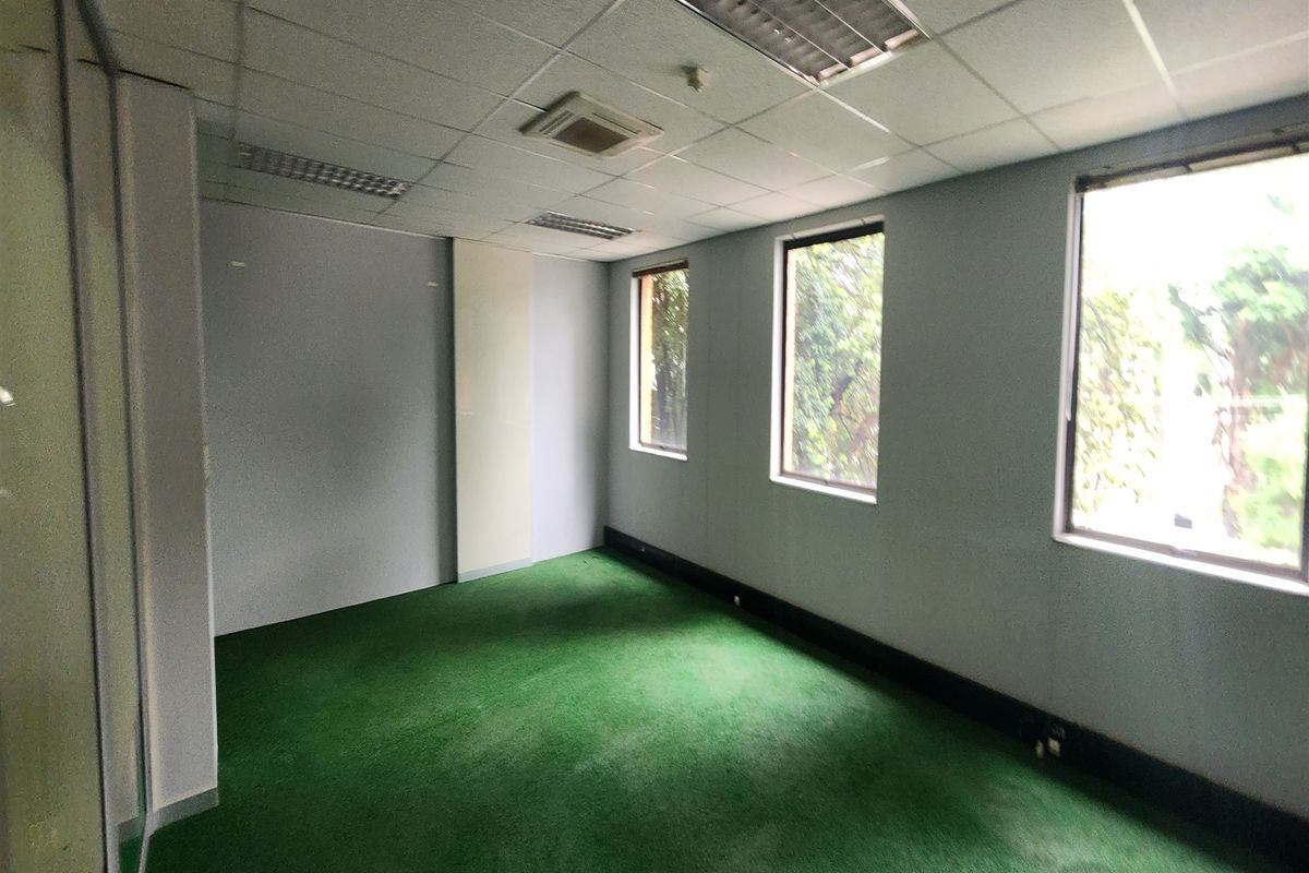 An empty office space featuring a suspended ceiling, recessed lighting, and large windows providing natural light.