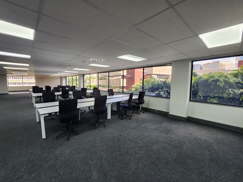 Spacious open-plan office area featuring large windows providing natural light, suspended ceilings with recessed lighting, and carpeted flooring.