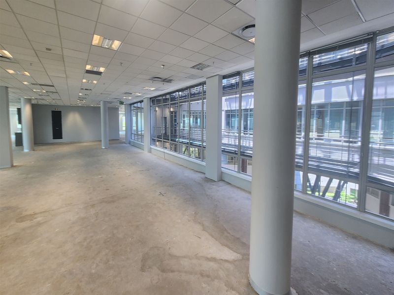 A spacious, vacant open-plan office area featuring large windows, structural columns, and a suspended ceiling with integrated lighting, ready for tenant fit-out.